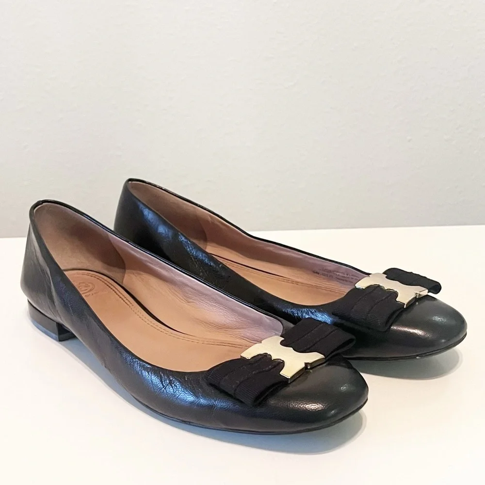 Tory Burch Gemini Link Bow Black Leather Ballet Flats Size 8